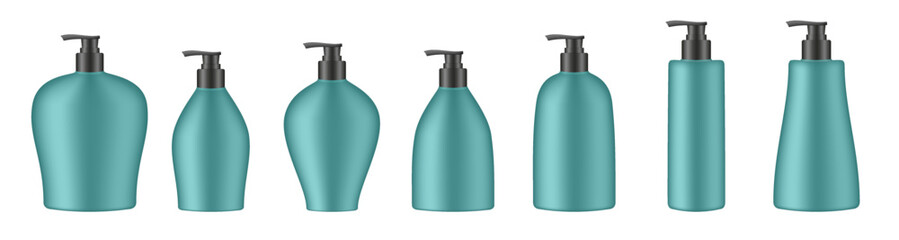 Set of green cosmetic bottles with pump. Dispenser. Liquid soap or shower gel. Professional shampoo