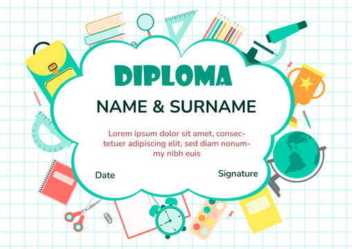 Diploma certificate template for school student and preschool for kids and children in kindergarten or primary grades with school pack, kit.Vector cartoon colorful flat illustration
