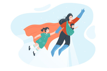 Super mother flying with kids flat vector illustration. Smiling mum in superhero costume with baby taking care of children, making daily routine and household chores. Motherhood, family concept