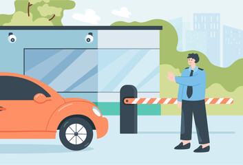 Plakat Guard stopping car before parking gate flat vector illustration. Man or police officer in uniform at toll booth checking vehicle. Transportation, security, occupation concept