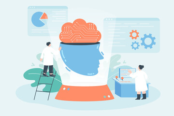 Scientists analyzing brain flat vector illustration. Tiny man and woman using machine learning, data science and computing technology to explore human brain. Artificial intelligence, AI concept