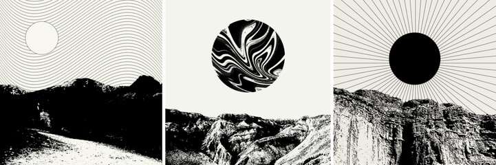 Vector set of hand drawn illustration of landscape with geometrical elements. Creative artwork. Template for card, poster, banner, print for t-shirt, pin, badge, patch.