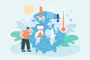 Planet melting due to climate change. Tiny person suffering from hot weather, greenhouse effect flat vector illustration. Weather, environment concept for banner, website design or landing web page - obrazy, fototapety, plakaty