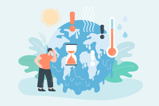 Planet melting due to climate change. Tiny person suffering from hot weather, greenhouse effect flat vector illustration. Weather, environment concept for banner, website design or landing web page