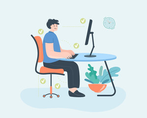 Fototapeta premium Instruction for correct sitting at desk flat vector illustration. Demonstration of right healthy position or posture at computer table. Man sitting on chair. Ergonomic workplace concept