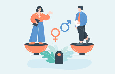 Man and woman on scale flat vector illustration. Happy male and female people balancing on weight, striving for equality in work and against discrimination. Gender, equality concept