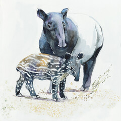 Tapir family - mother with cub. Watercolor hand drawn illustration