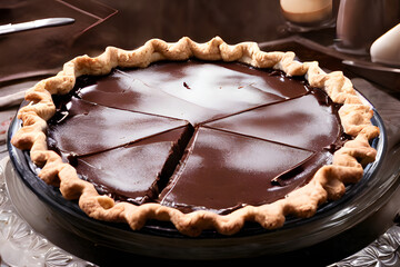 chocolate pie, a sweet and sugary food, made from cacao, flour and milk
