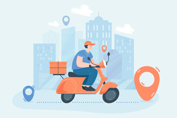 Cartoon courier delivering package on scooter. Man on with parcel, fast or express food delivery for navigation mobile app flat vector illustration. Delivery service, shipping, advertising concept