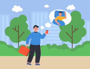 Tired office person with coffee cup walking to work. Sad adult man thinking of sleeping in bed flat vector illustration. Fatigue, exhaustion concept for banner, website design or landing web page