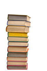 Bunch old battered multicolored hardcover books white background.