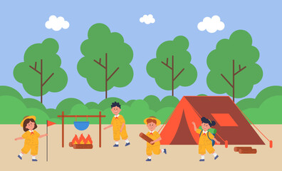 Boy and girl scouts at camp site with tent and fire. Cartoon children on camping trip in forest or jungle in mountains flat vector illustration. Camping, adventure concept for banner, website design