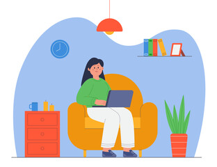 Cartoon businesswoman working from cozy home office. Young woman with laptop sitting in comfy chair flat vector illustration. Remote work, freelance concept for banner or landing web page