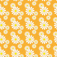 Seamless background with daisy flowers on yellow. Vector illustration.