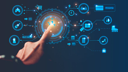 Man shopping online by finger touching digital screen, cart, icon appears. social media marketing ideas.