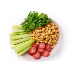 Healthy food plate with various raw vegetables and boiled chickpeas, vegetarian food, top view