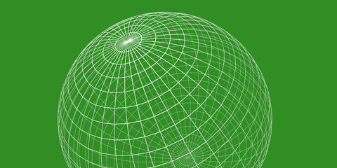 3D wireframe globe or sphere on green background, visualization of geography or navigation concept with latitude and longitude coordinates