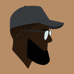 Silhouette. Portrait. Black man head. Head in the flat colored illustration. Head silhouette. The head of a guy in a baseball cap. Black guy wearing sunglasses