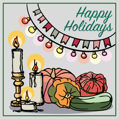 Holiday composition of separate pumpkins, vintage wax candles, holiday flags and colored lights