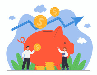 Tiny man and woman with piggy bank flat vector illustration. People holding gold coins, planning budget, saving money, achieving financial goals, opening bank deposit. Income, investment concept