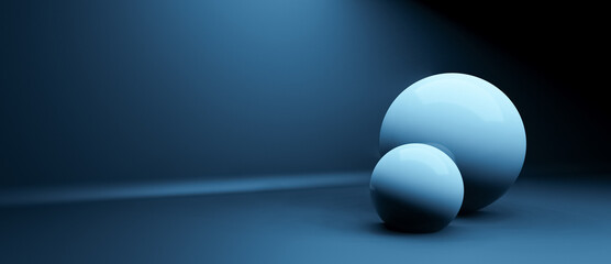 Two glossy white balls or globes in realistic 3D studio interior, blue panoramic background with copy space for text