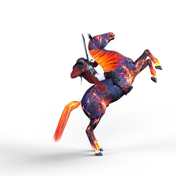 3D rendering of a demon headless horseman holding a sword on a ghostly burning horse isolated on a transparent background.