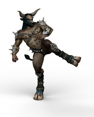 3D illustration of a Minotaur, the mythical creature from Greek mythology, kicking with his hoof isolated on a transparent background.