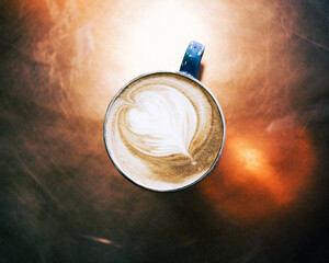 Top down view of coffee, latte art