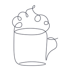 Cup of coffee or tea in single line. Cappuccino in one continuous line. Hot drink. Whipped cream. Simple minimalistic drawing. Isolated illustration on white background.