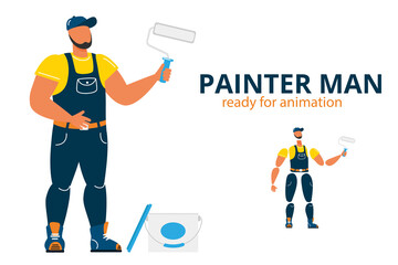 Character of painter man. Front view of repairman in uniform holding paint roller. Home renovation, house redesign. Handyman character ready for animation. Painter specialist vector illustration