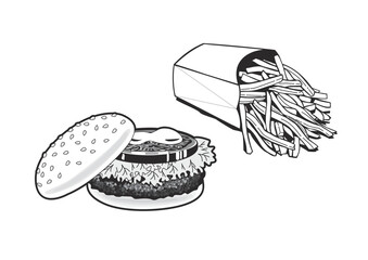 リアルなバーガーとポテトのイラスト