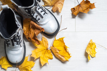 Fototapeta na wymiar Feet stepping on dry autumn leaves, on a floor