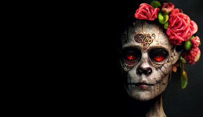 Fototapeta premium Sugar skull with flowers black background. Halloween banner
