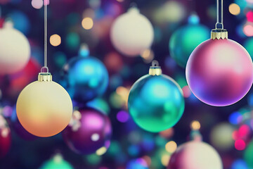 Obraz premium Colorful baubles hanging in different depths and heights, Christmas background