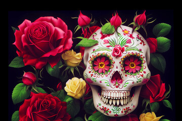 Mexican style sugar skull red roses. Sugarskull floral decoration