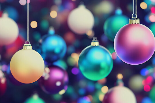 Colorful baubles hanging in different depths and heights, Christmas background