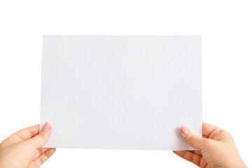 Empty space for text. A female hands holding card isolated on a white background.