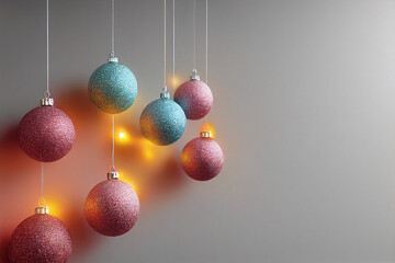 Minimal Christmas composition of glittery pastel coloured Christmas balls hanging in front of a white wall 
