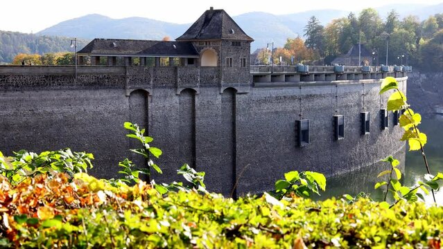 the german edersee lake dam building with very low water 4k 30fps video