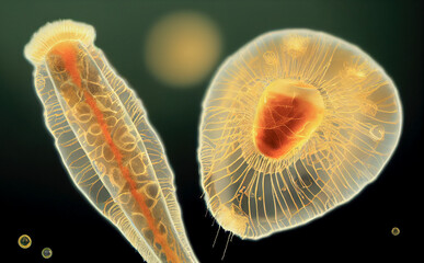 Paramecium caudatum is a genus of unicellular ciliated protozoan and Bacterium under the microscope
