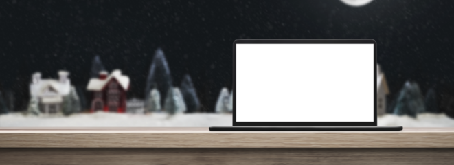 laptop on a wooden table on a night background at christmas - transparent PNG