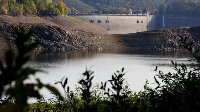 the german edersee lake dam building with very low water 4k 30fps video