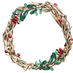 Watercolor Christmas arrangement. Rowan berry and branches wreath. Cut out hand drawn PNG illustration on transparent background. Water colour clipart drawing.
