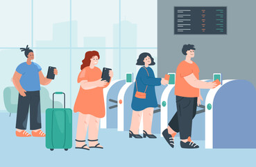 People standing in line to pay fare flat vector illustration. Man and women going through automatic turnstile in metro or train station. Passengers showing tickets. Entrance, travel concept