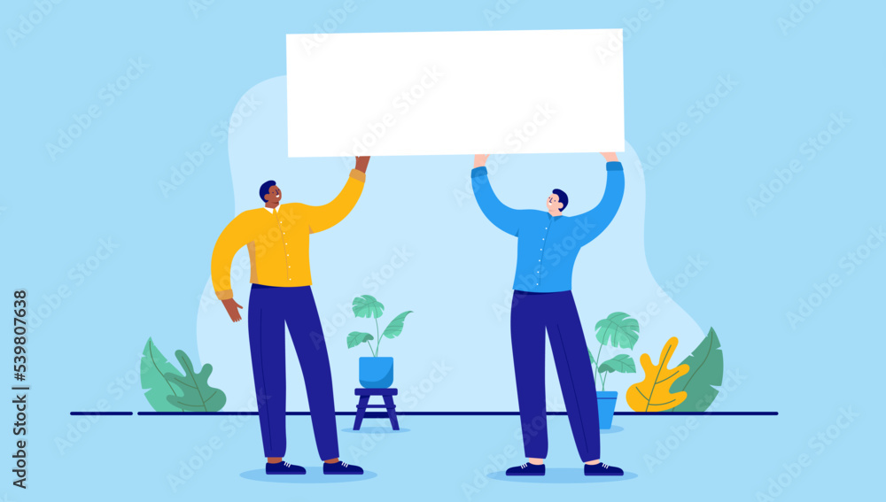 Aufkleber people holding white empty sign - two business men with blank text field in hands smiling and being 