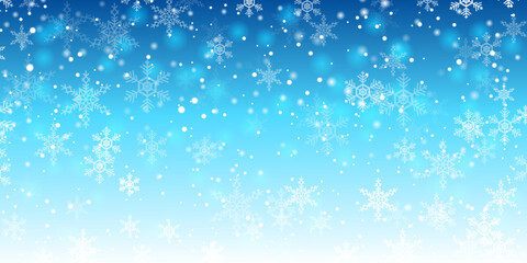 merry christmas blue background with snowflake. winter landscape falling christmas shining snow