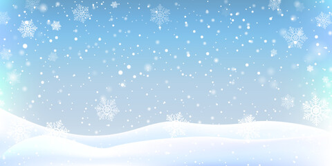 winter christmas landscape background decoration with falling beautiful shining snow, snowy hills