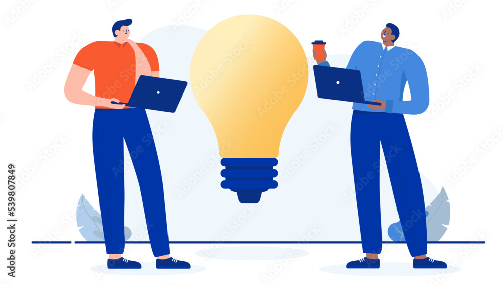 Poster idea at work - two people working on new ideas in office, thinking and brainstorming together. flat 
