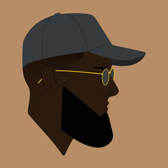 Silhouette. Face. Black guy with glasses. Male head in glasses on pink background. Man head silhouette. Man Flat colored illustration. Bearded man. Stylish guy. The head of a guy in a baseball cap.