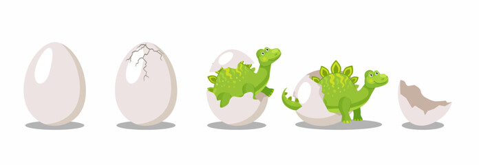 Stages of hatching dinosaur from egg cartoon illustration set. Funny green dino or dragon in egg shell on white background. Birth, extinct reptile, carnivore concept